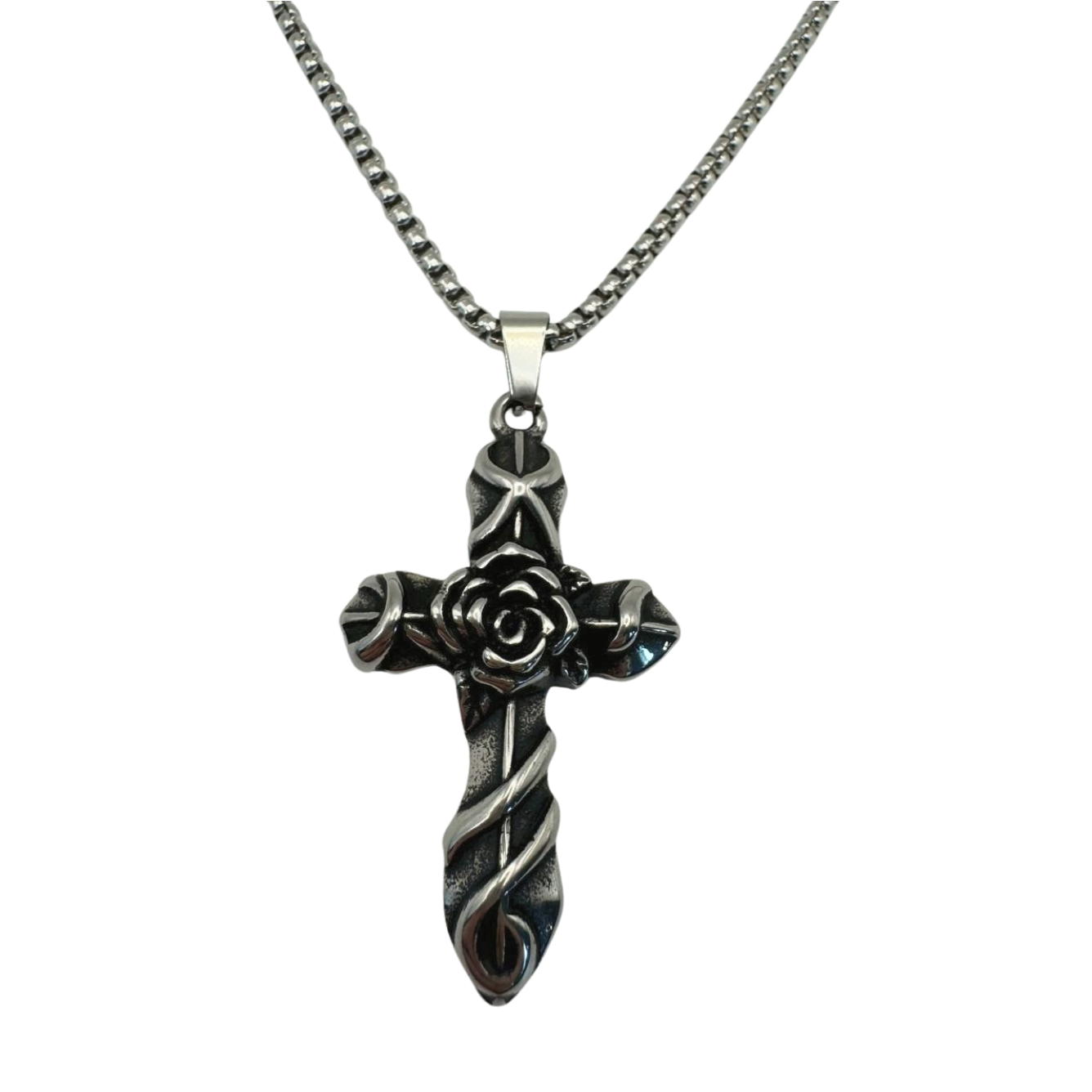 SILVER FLOWER CROSS NECKLACE