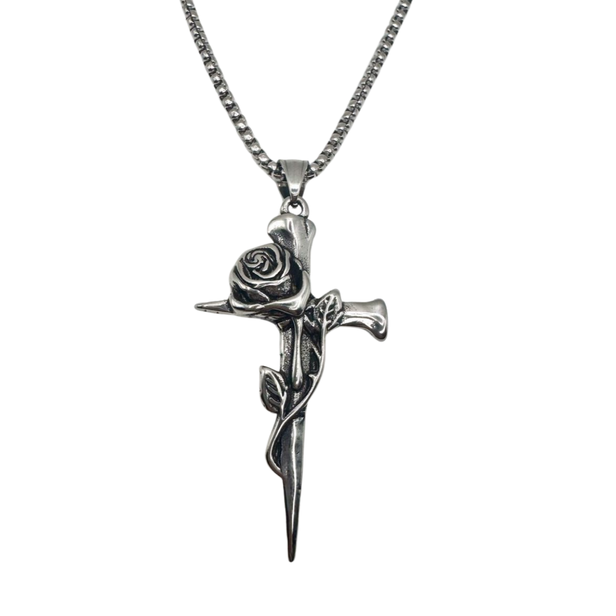 SILVER ROSE CROSS NECKLACE