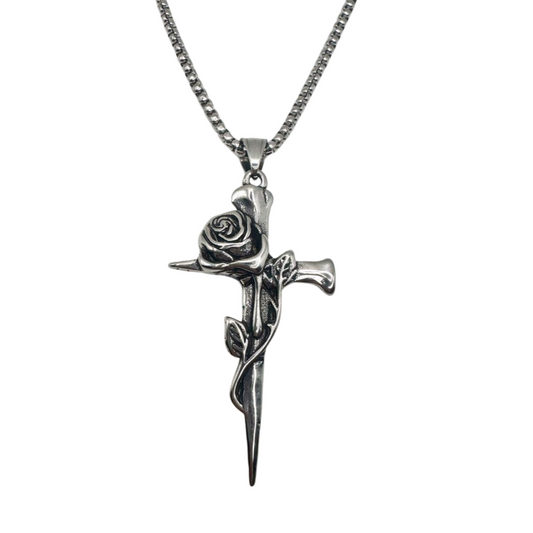 SILVER ROSE CROSS NECKLACE
