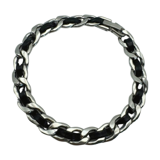 SILVER AND BLACK LEATHER BRACELET