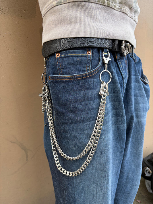 SILVER DOUBLE CUBAN CROSS BELT CHAIN