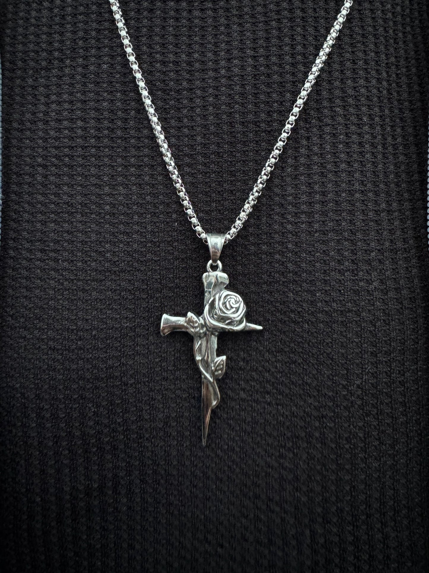 SILVER ROSE CROSS NECKLACE