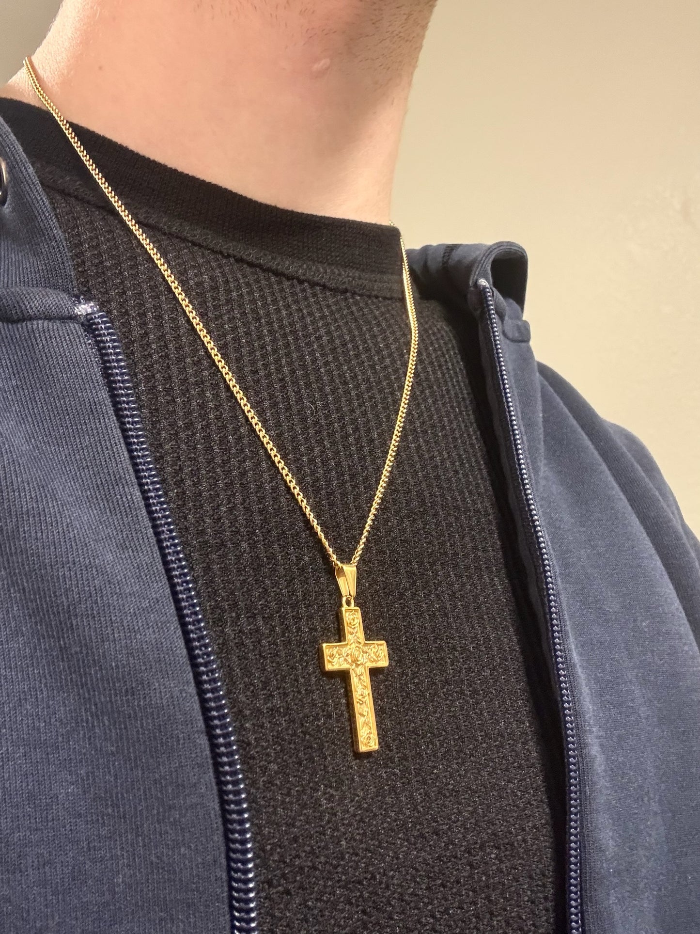 GOLD ROSE CARVED CROSS