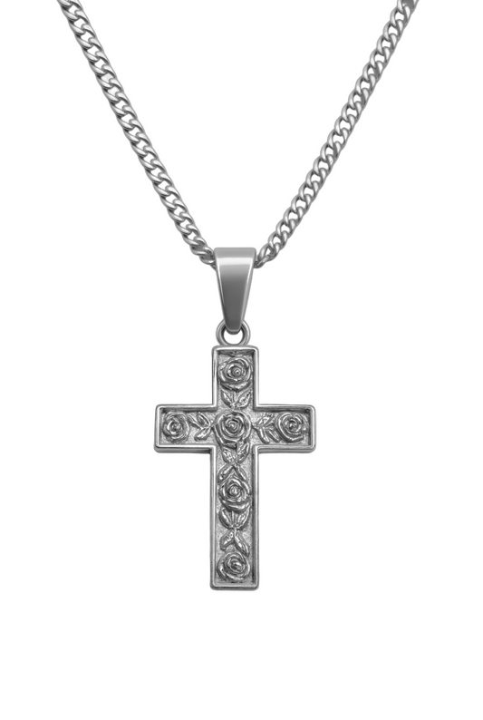 SILVER ROSE CARVED CROSS