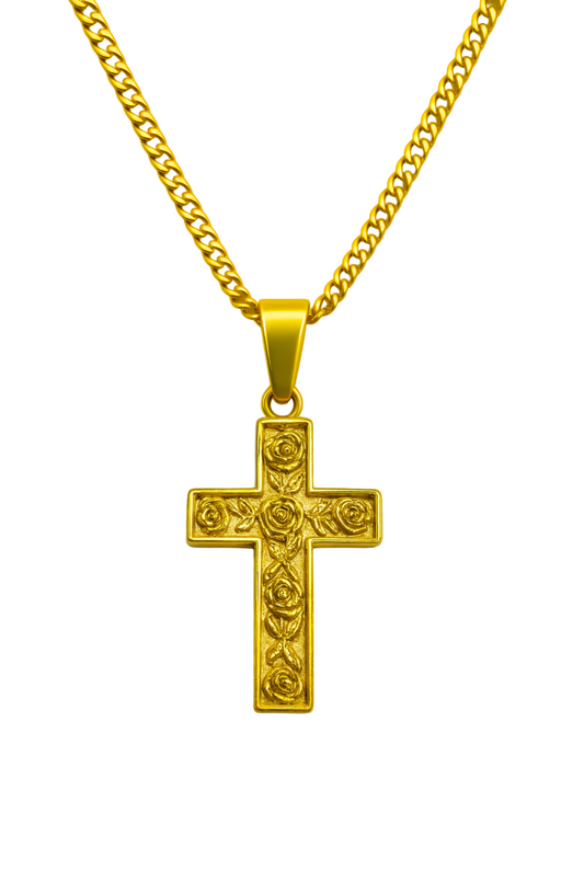 GOLD ROSE CARVED CROSS
